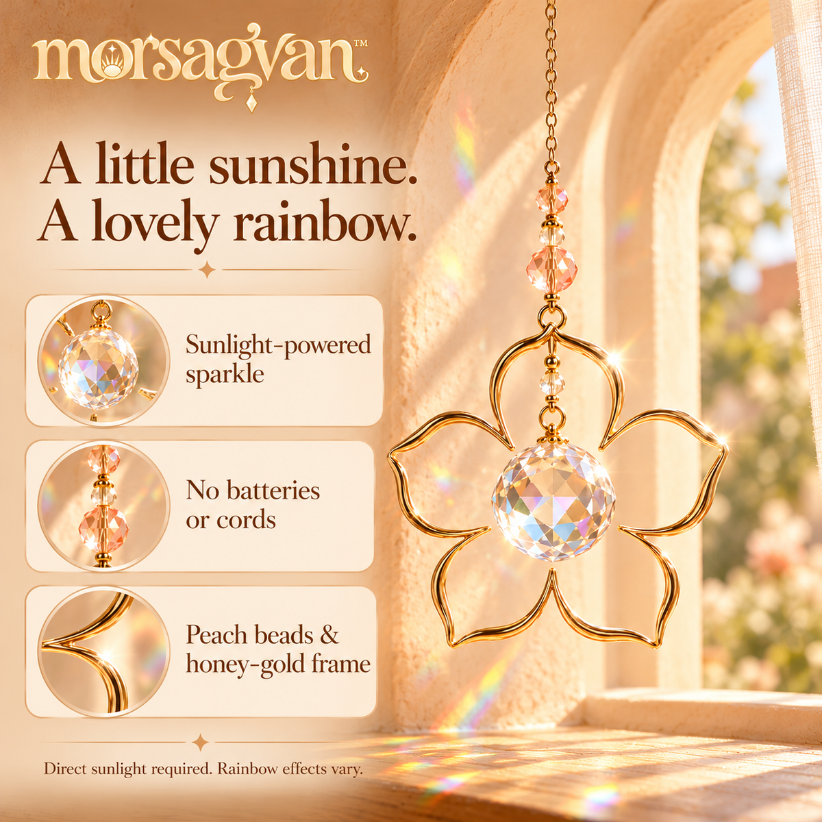 morsagvan™ PeachHalo Flower Crystal Suncatcher — Hanging Glass Prism Rainbow Maker, Honey-Gold Window Decor