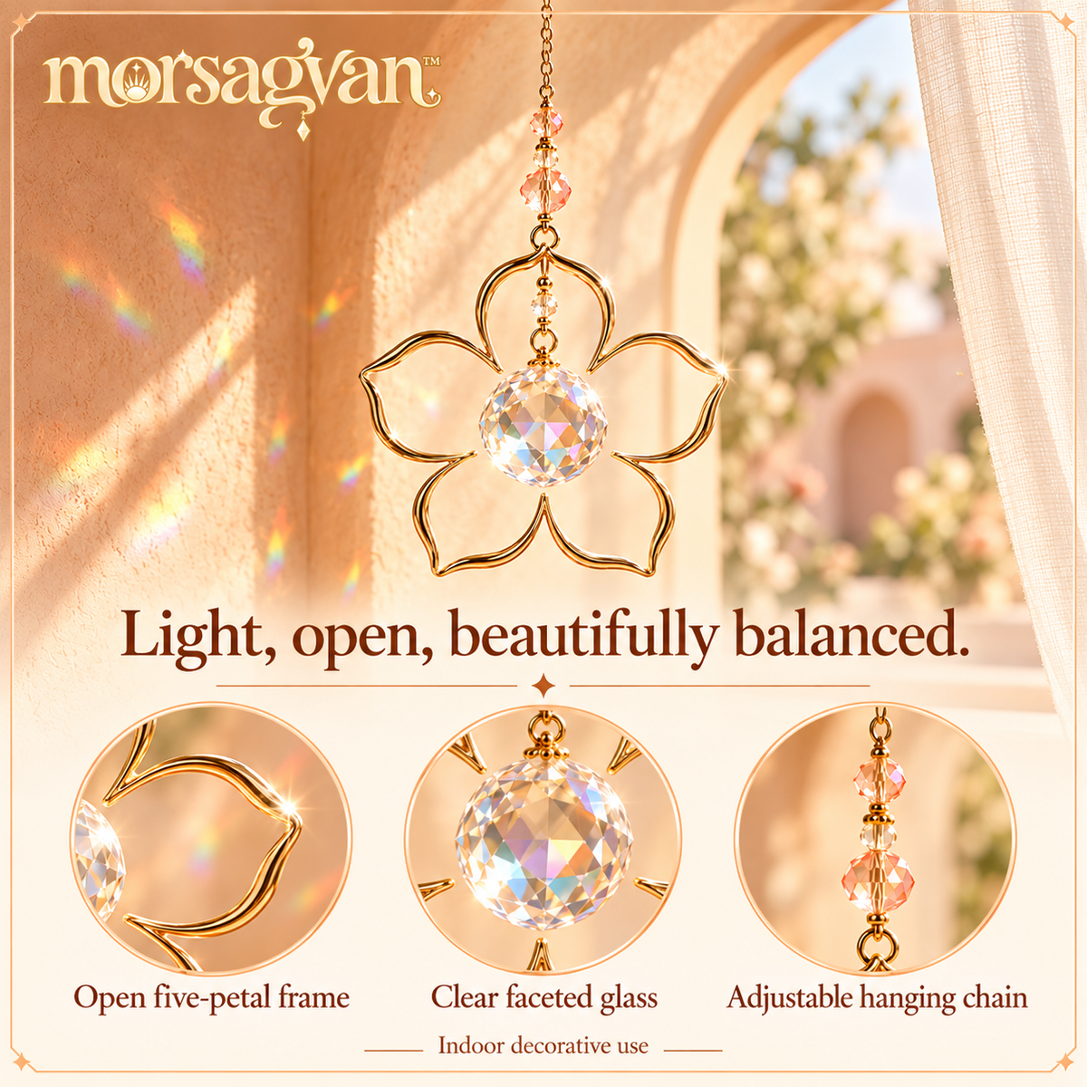 morsagvan™ PeachHalo Flower Crystal Suncatcher — Hanging Glass Prism Rainbow Maker, Honey-Gold Window Decor