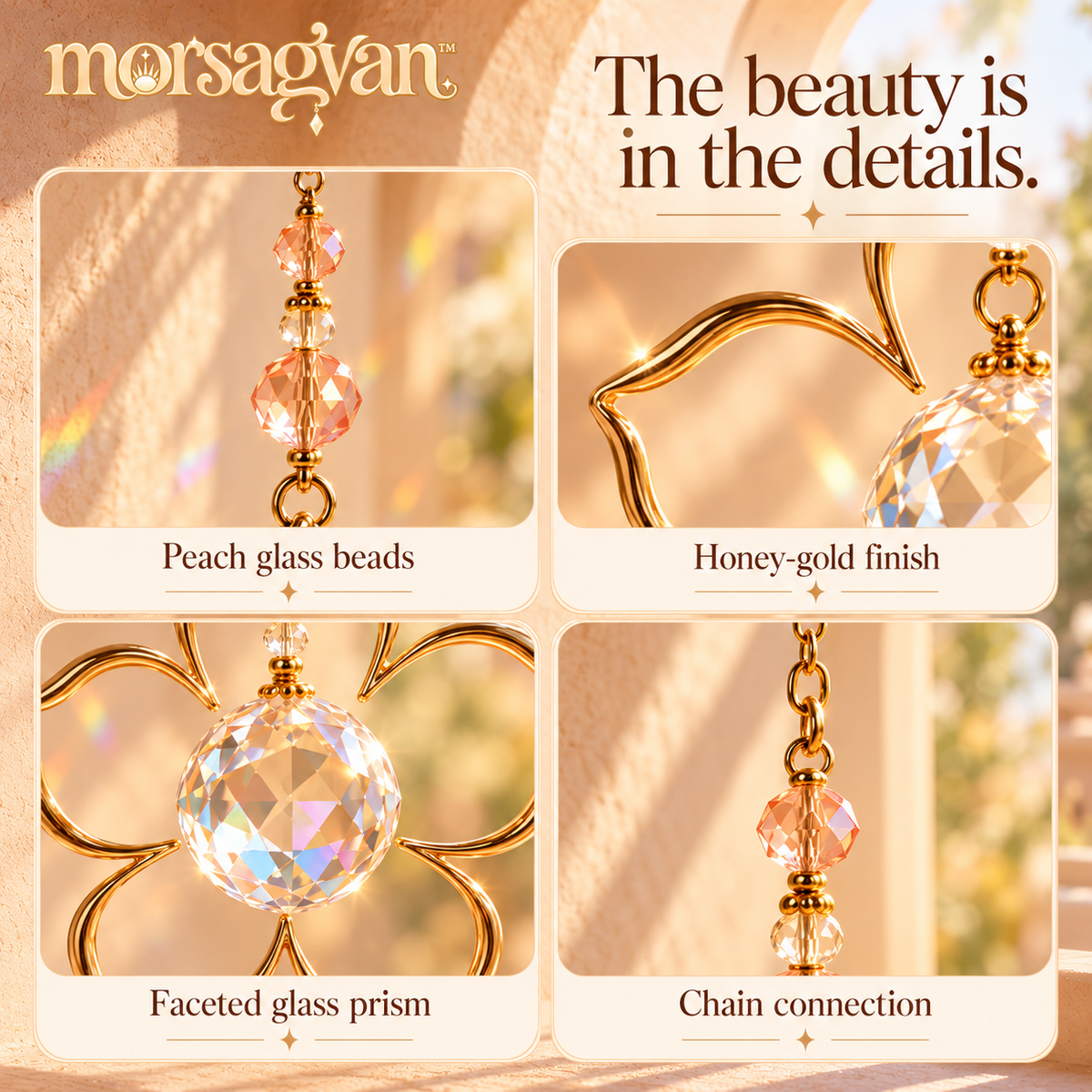morsagvan™ PeachHalo Flower Crystal Suncatcher — Hanging Glass Prism Rainbow Maker, Honey-Gold Window Decor