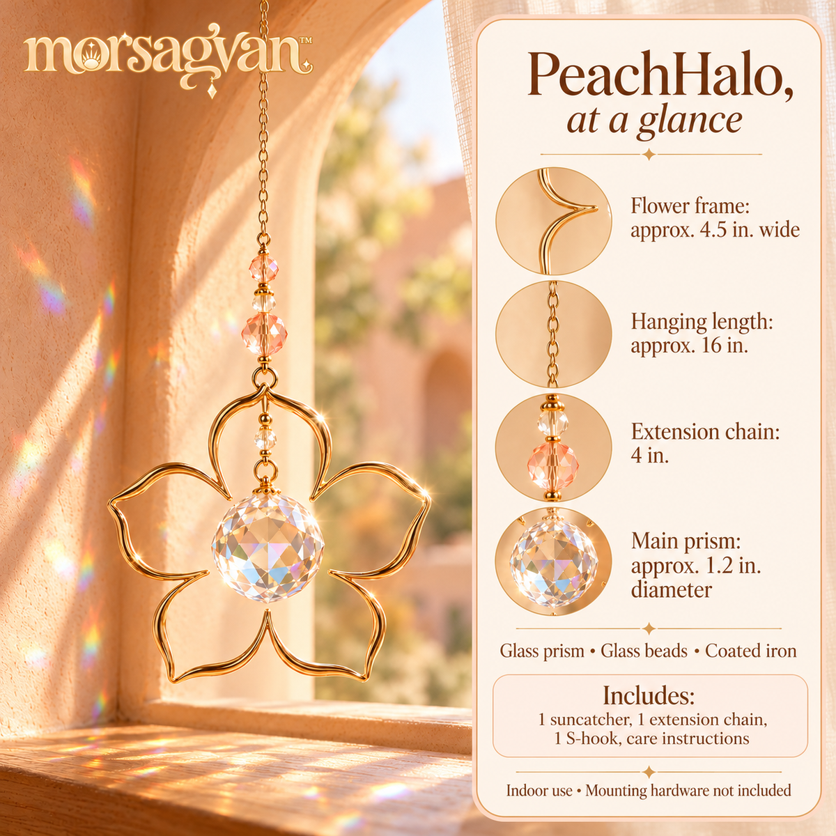 morsagvan™ PeachHalo Flower Crystal Suncatcher — Hanging Glass Prism Rainbow Maker, Honey-Gold Window Decor