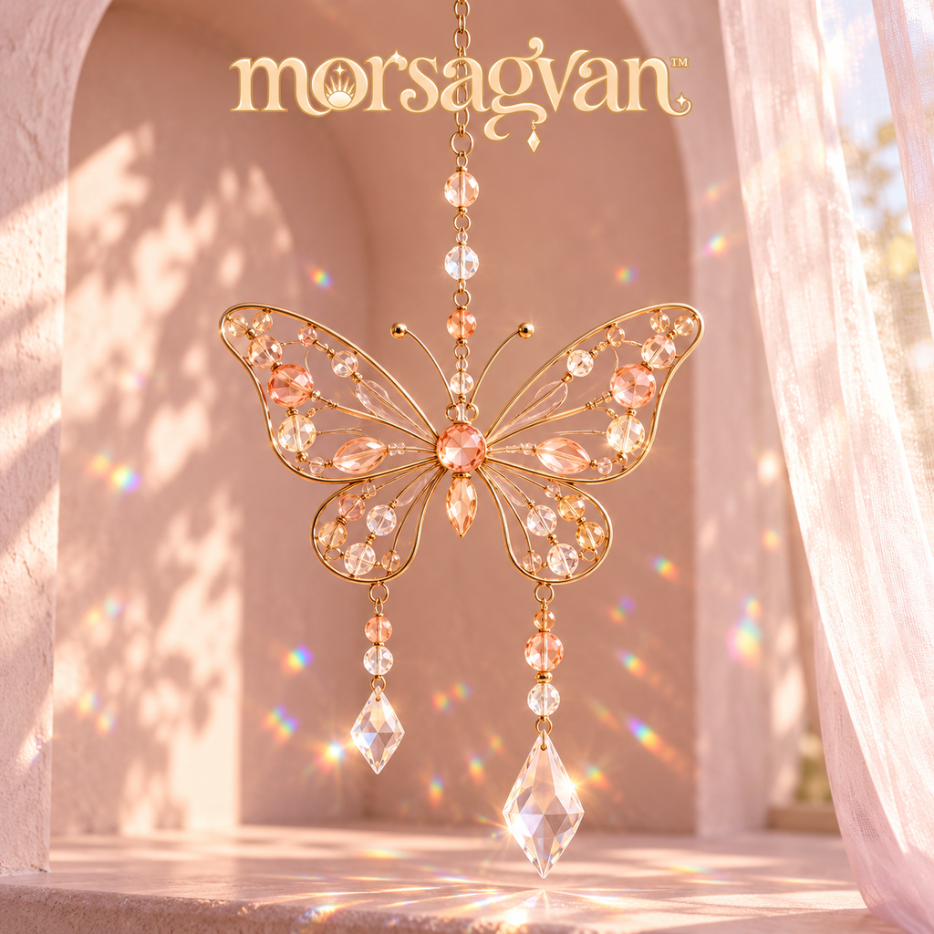 morsagvan™ FlutterDawn Butterfly Suncatcher — Double-Prism Window Hanging, Peach Glass Bead Rainbow Decor