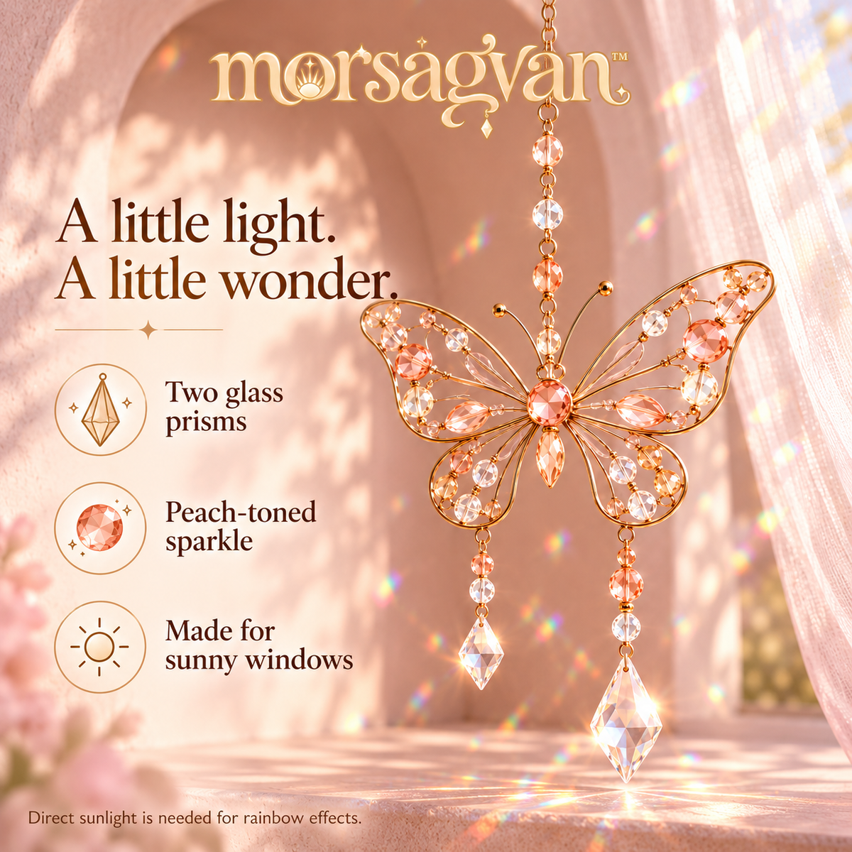 morsagvan™ FlutterDawn Butterfly Suncatcher — Double-Prism Window Hanging, Peach Glass Bead Rainbow Decor