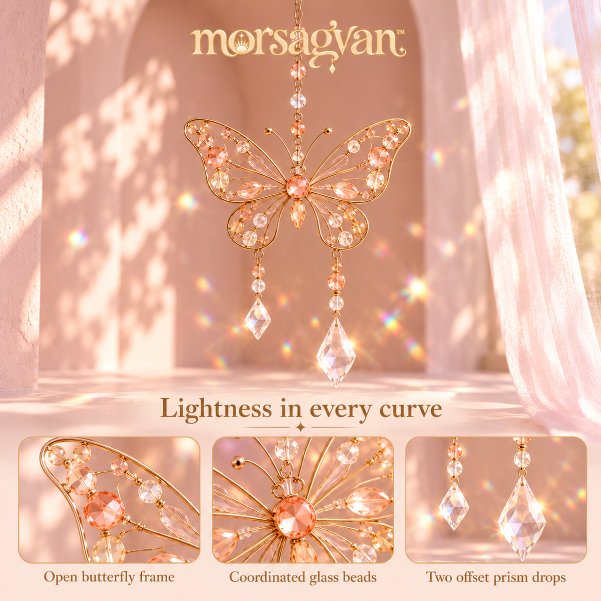 morsagvan™ FlutterDawn Butterfly Suncatcher — Double-Prism Window Hanging, Peach Glass Bead Rainbow Decor