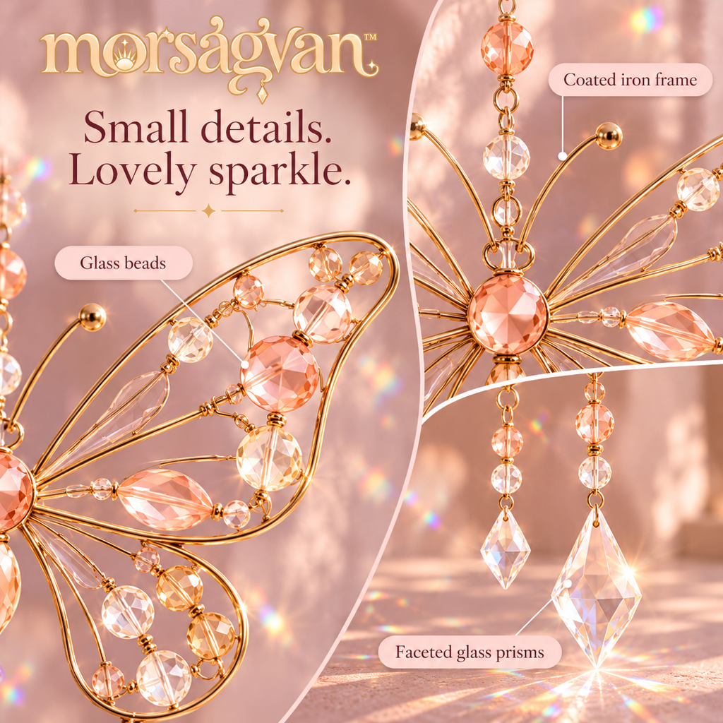 morsagvan™ FlutterDawn Butterfly Suncatcher — Double-Prism Window Hanging, Peach Glass Bead Rainbow Decor