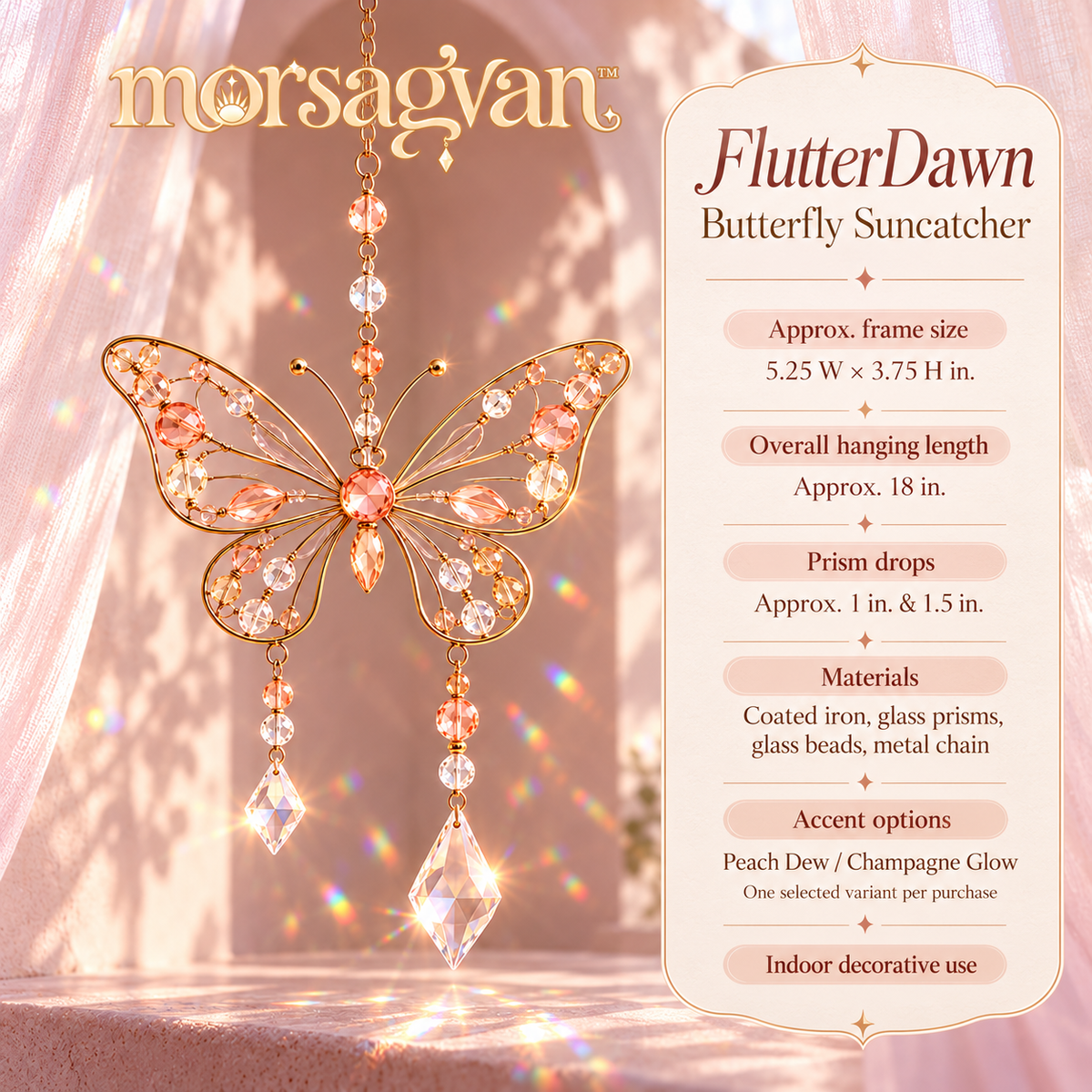 morsagvan™ FlutterDawn Butterfly Suncatcher — Double-Prism Window Hanging, Peach Glass Bead Rainbow Decor