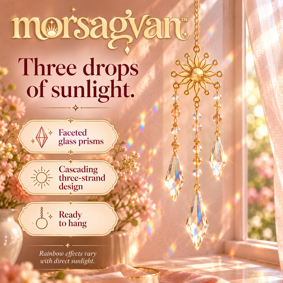 morsagvan™ HoneyCascade Triple Prism Suncatcher — Tiered Glass Window Hanging, Sunburst Rainbow Room Decor