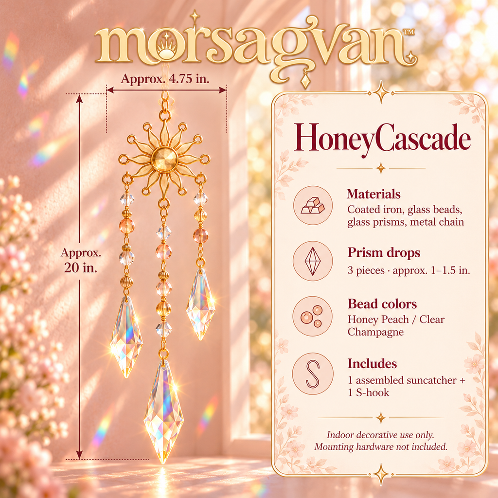 morsagvan™ HoneyCascade Triple Prism Suncatcher — Tiered Glass Window Hanging, Sunburst Rainbow Room Decor