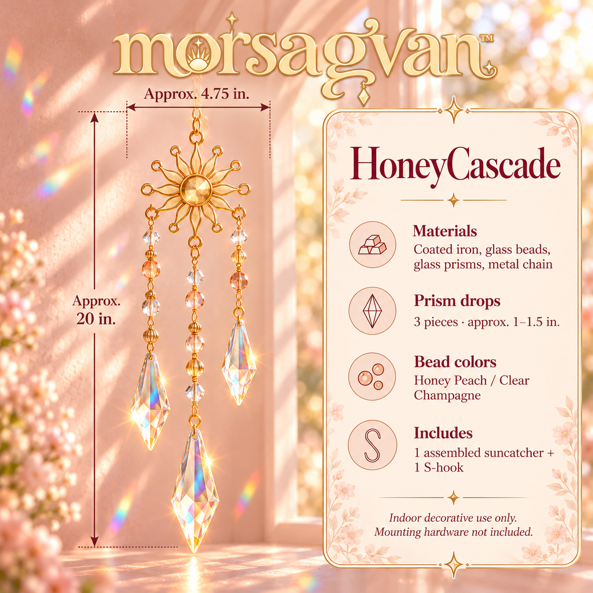morsagvan™ HoneyCascade Triple Prism Suncatcher — Tiered Glass Window Hanging, Sunburst Rainbow Room Decor