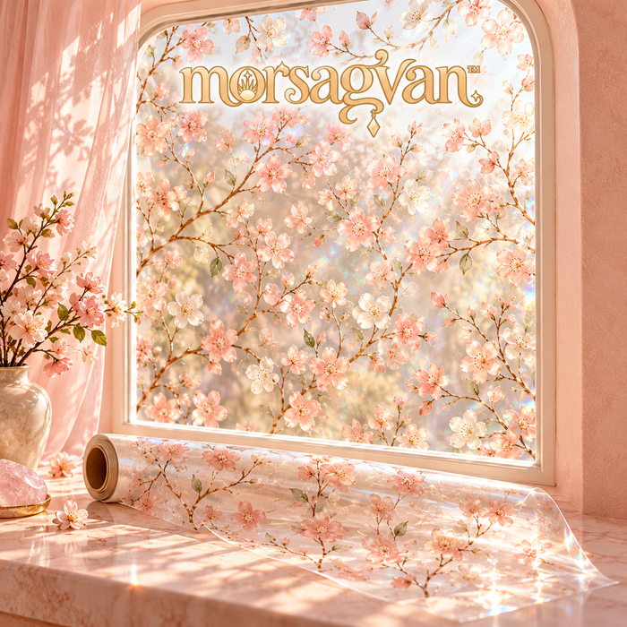 morsagvan™ OrchardGlow Decorative Window Film — Peach Blossom Static Cling, Rainbow-Effect Glass Decor, 17.5 × 78.7 in.