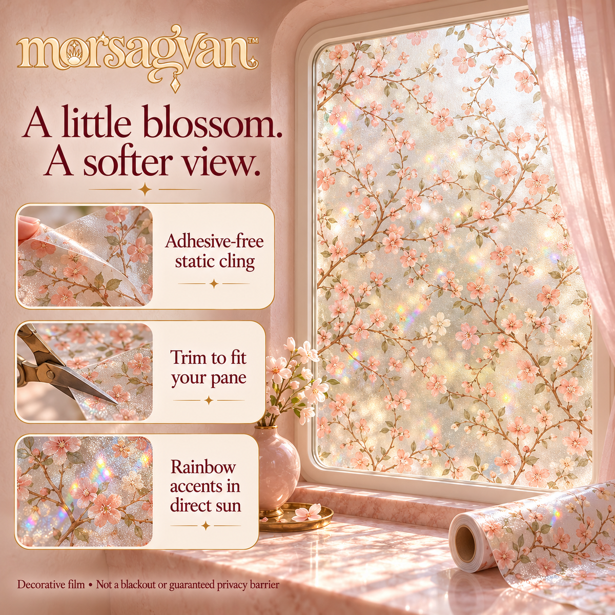 morsagvan™ OrchardGlow Decorative Window Film — Peach Blossom Static Cling, Rainbow-Effect Glass Decor, 17.5 × 78.7 in.