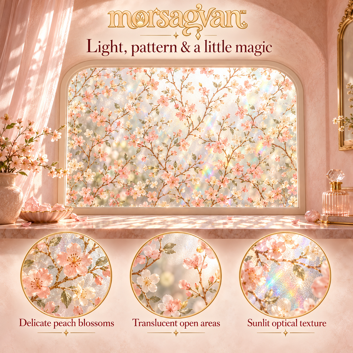 morsagvan™ OrchardGlow Decorative Window Film — Peach Blossom Static Cling, Rainbow-Effect Glass Decor, 17.5 × 78.7 in.