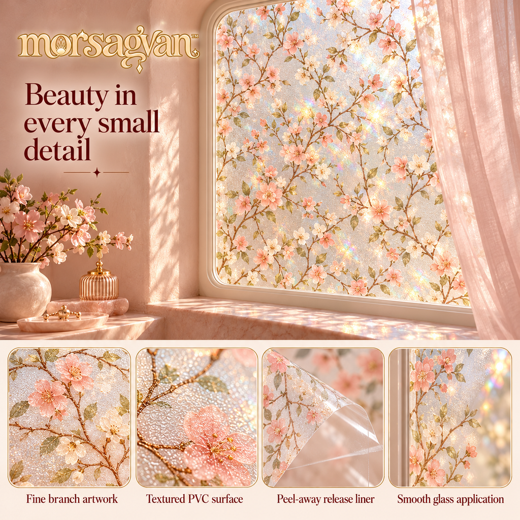 morsagvan™ OrchardGlow Decorative Window Film — Peach Blossom Static Cling, Rainbow-Effect Glass Decor, 17.5 × 78.7 in.