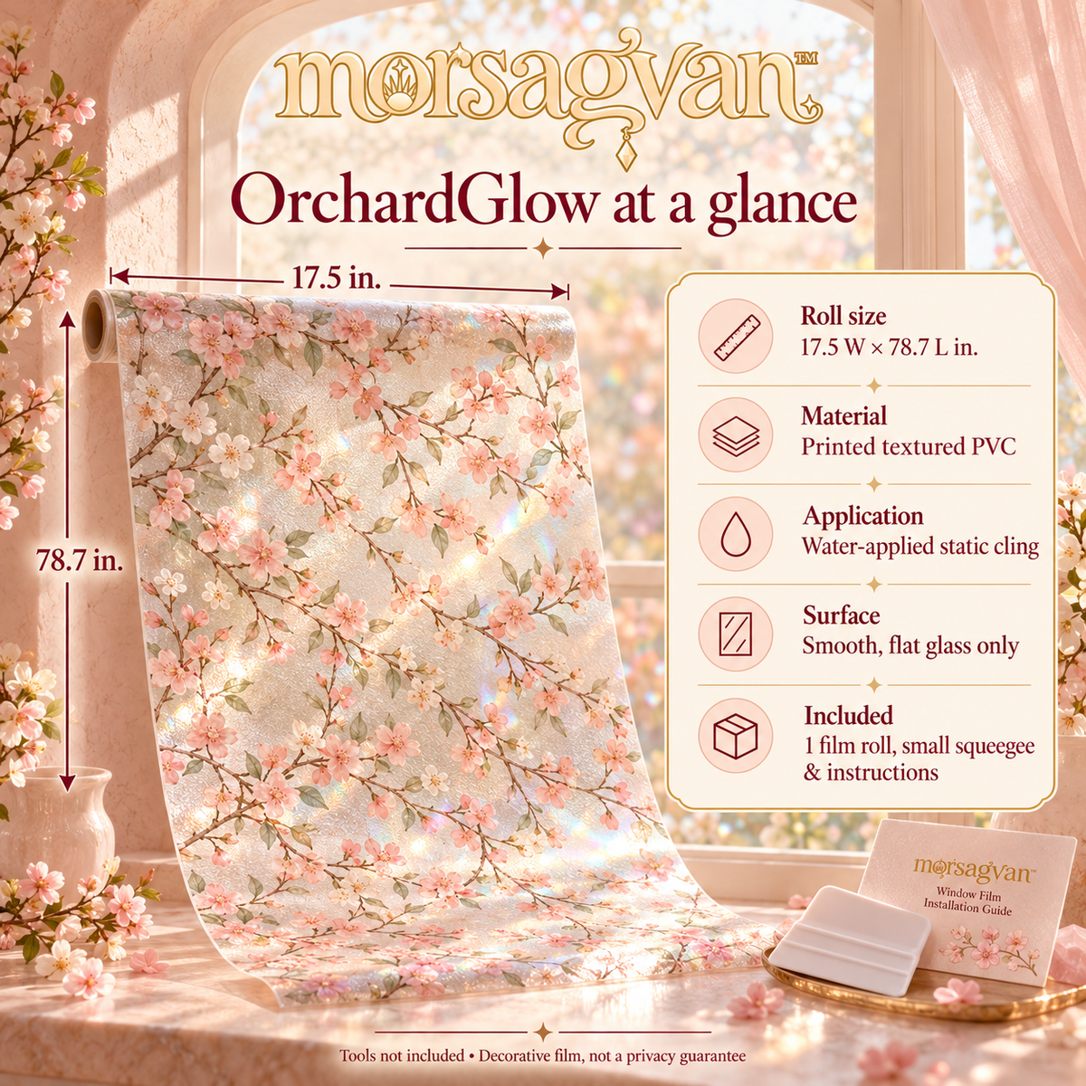 morsagvan™ OrchardGlow Decorative Window Film — Peach Blossom Static Cling, Rainbow-Effect Glass Decor, 17.5 × 78.7 in.