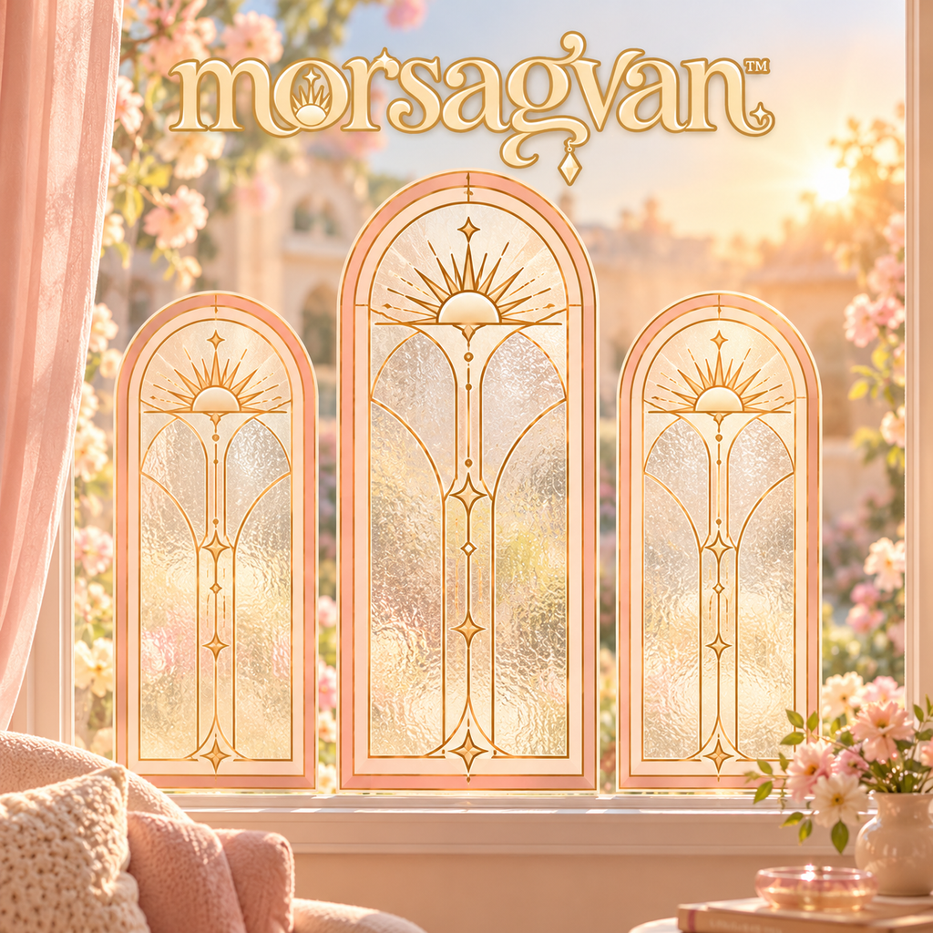 morsagvan™ SunlitArch Window Cling Set — Decorative Faux Stained Glass Arches, Removable Peach Window Decals, 3-Piece
