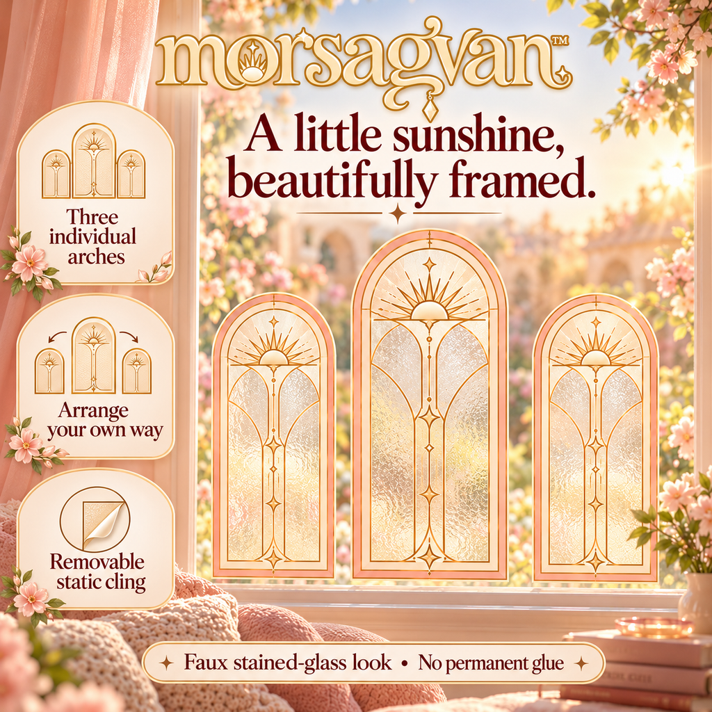 morsagvan™ SunlitArch Window Cling Set — Decorative Faux Stained Glass Arches, Removable Peach Window Decals, 3-Piece