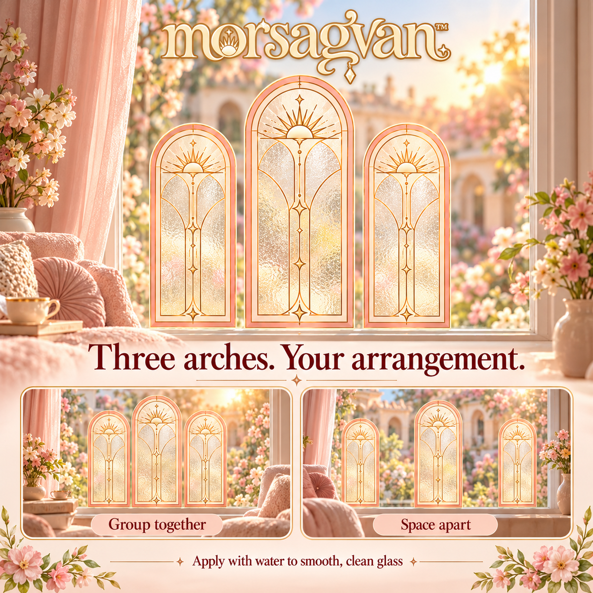 morsagvan™ SunlitArch Window Cling Set — Decorative Faux Stained Glass Arches, Removable Peach Window Decals, 3-Piece