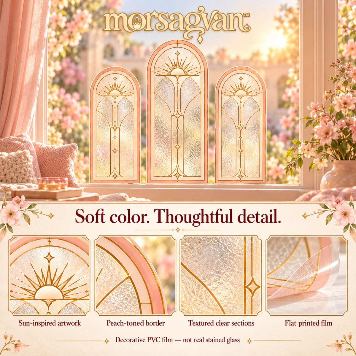 morsagvan™ SunlitArch Window Cling Set — Decorative Faux Stained Glass Arches, Removable Peach Window Decals, 3-Piece