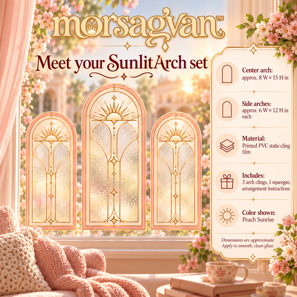 morsagvan™ SunlitArch Window Cling Set — Decorative Faux Stained Glass Arches, Removable Peach Window Decals, 3-Piece