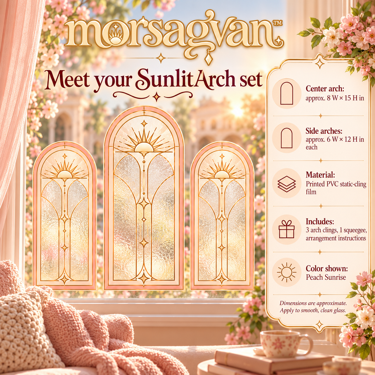 morsagvan™ SunlitArch Window Cling Set — Decorative Faux Stained Glass Arches, Removable Peach Window Decals, 3-Piece