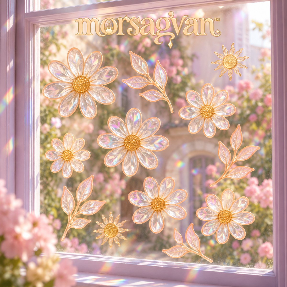 morsagvan™ MeadowDrift Rainbow Window Clings — Floral Suncatcher Decal Set, Static-Cling Flowers and Sun Accents, 12-Piece