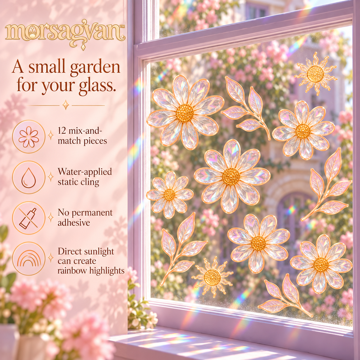 morsagvan™ MeadowDrift Rainbow Window Clings — Floral Suncatcher Decal Set, Static-Cling Flowers and Sun Accents, 12-Piece