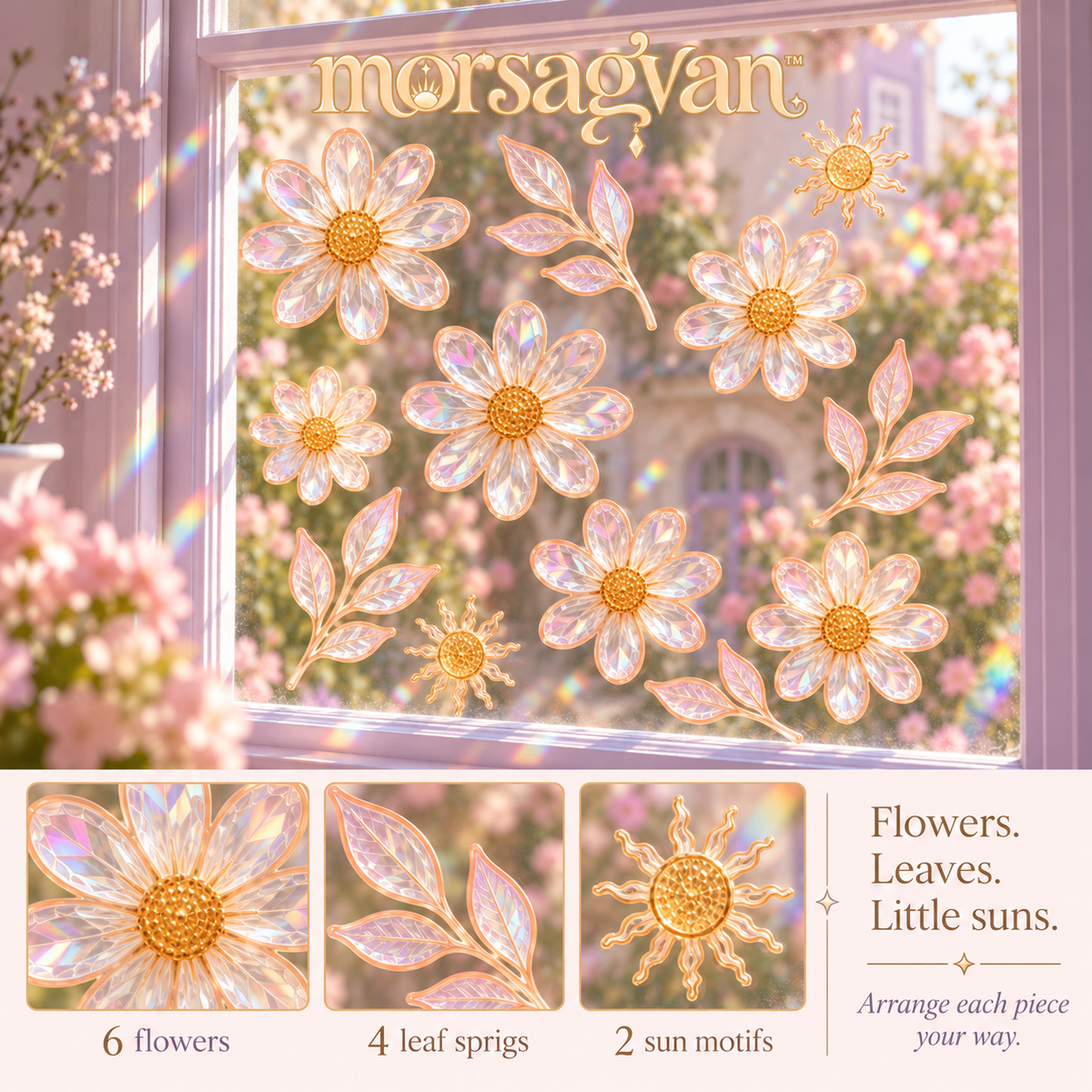 morsagvan™ MeadowDrift Rainbow Window Clings — Floral Suncatcher Decal Set, Static-Cling Flowers and Sun Accents, 12-Piece