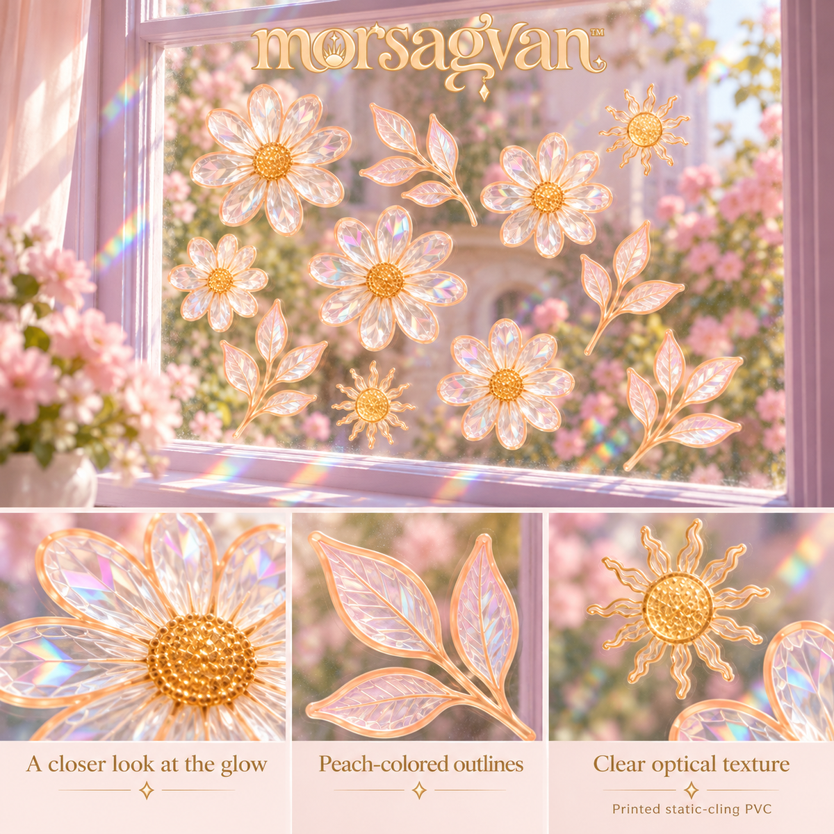 morsagvan™ MeadowDrift Rainbow Window Clings — Floral Suncatcher Decal Set, Static-Cling Flowers and Sun Accents, 12-Piece