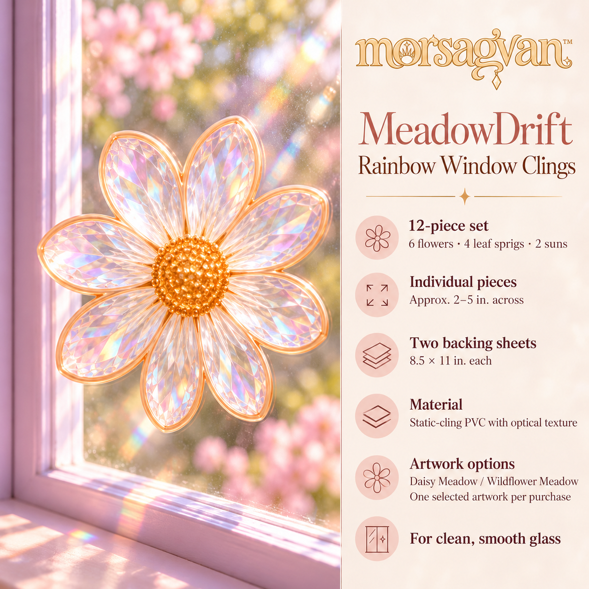 morsagvan™ MeadowDrift Rainbow Window Clings — Floral Suncatcher Decal Set, Static-Cling Flowers and Sun Accents, 12-Piece