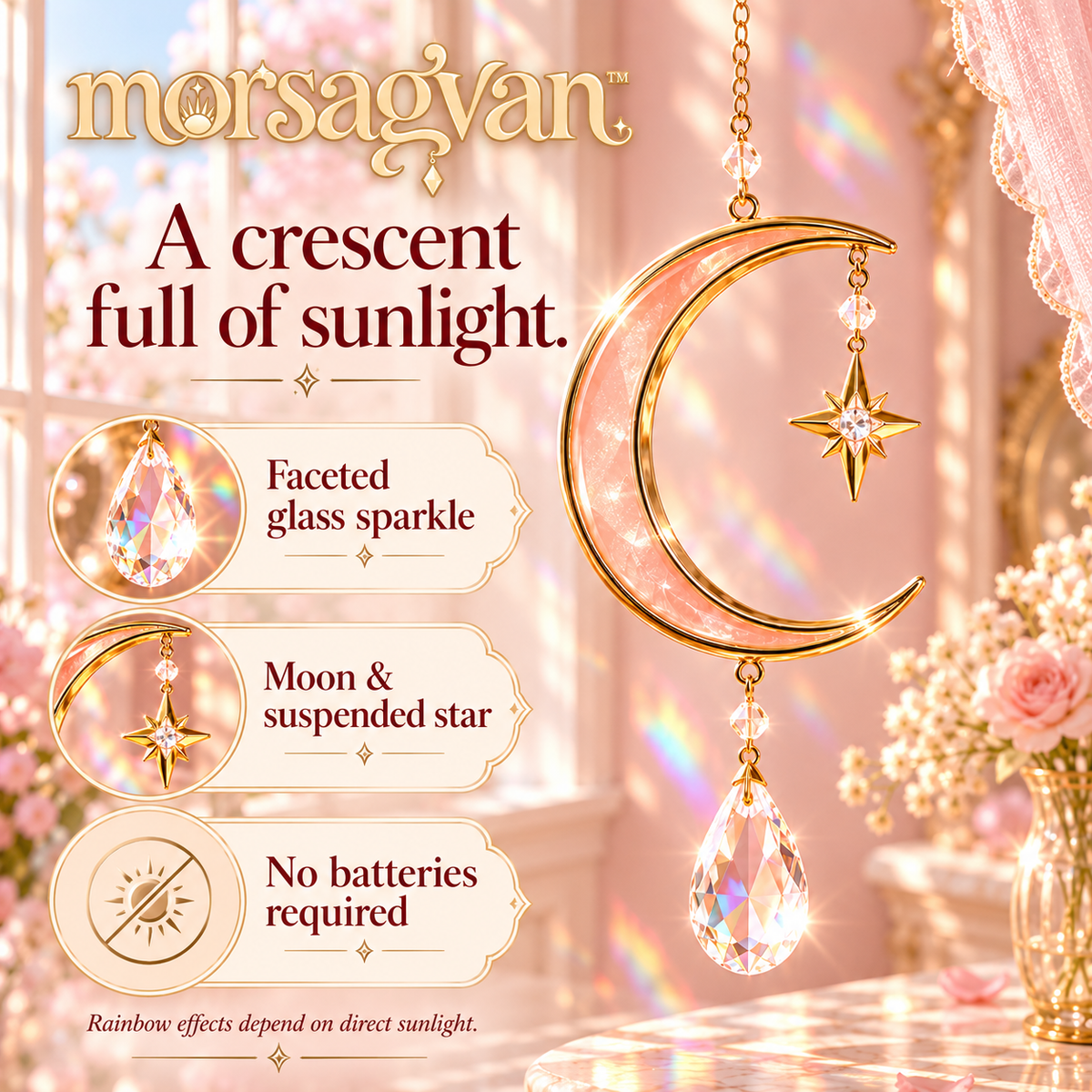 morsagvan™ CrescentDew Moon Suncatcher — Honey-Gold Crescent Window Hanging with Glass Prism, Celestial Room Decor