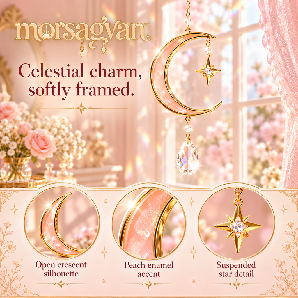 morsagvan™ CrescentDew Moon Suncatcher — Honey-Gold Crescent Window Hanging with Glass Prism, Celestial Room Decor
