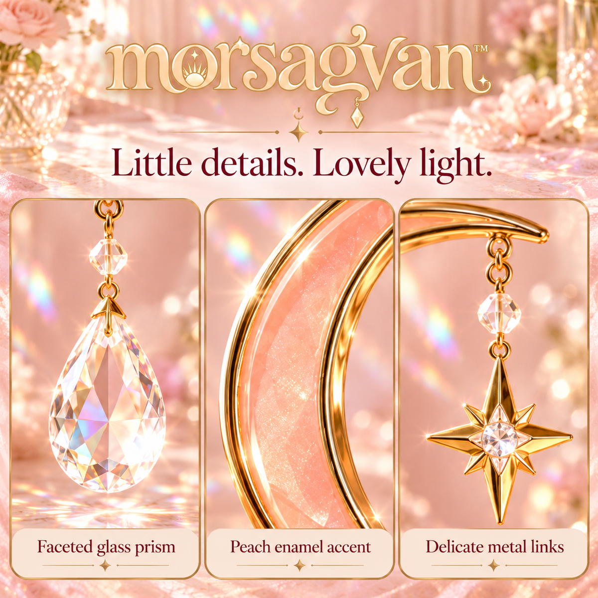 morsagvan™ CrescentDew Moon Suncatcher — Honey-Gold Crescent Window Hanging with Glass Prism, Celestial Room Decor