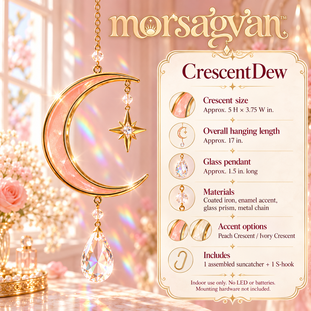 morsagvan™ CrescentDew Moon Suncatcher — Honey-Gold Crescent Window Hanging with Glass Prism, Celestial Room Decor