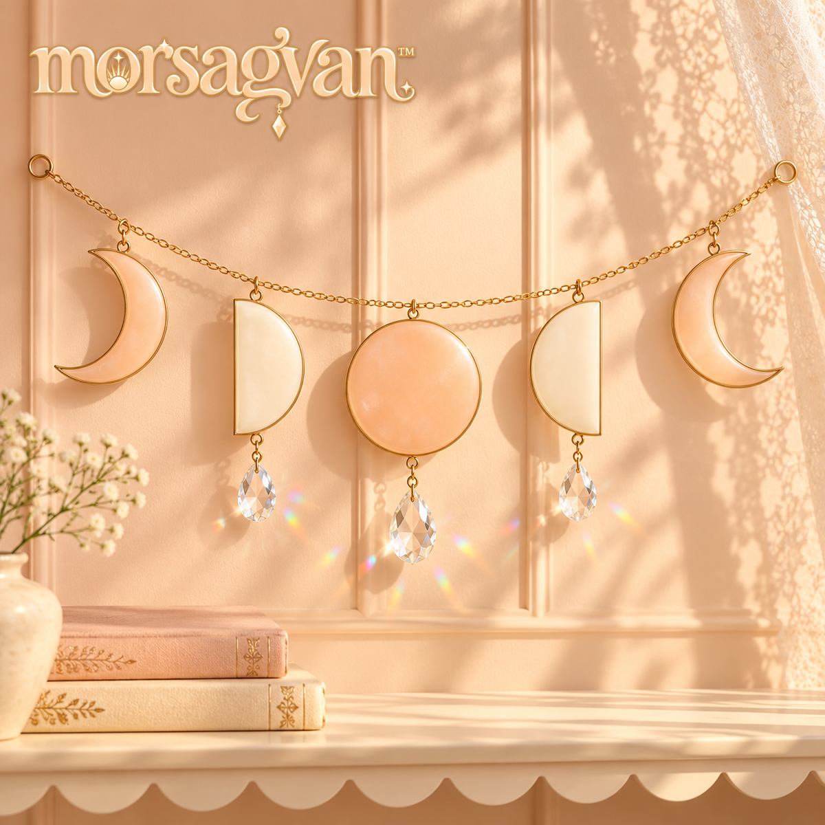 morsagvan™ LunarRibbon Moon Phase Wall Hanging — Five-Moon Celestial Garland with Prism Accents, 28 in. Wide