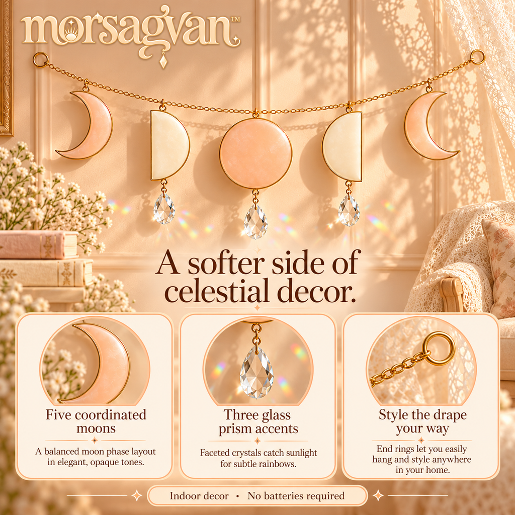 morsagvan™ LunarRibbon Moon Phase Wall Hanging — Five-Moon Celestial Garland with Prism Accents, 28 in. Wide
