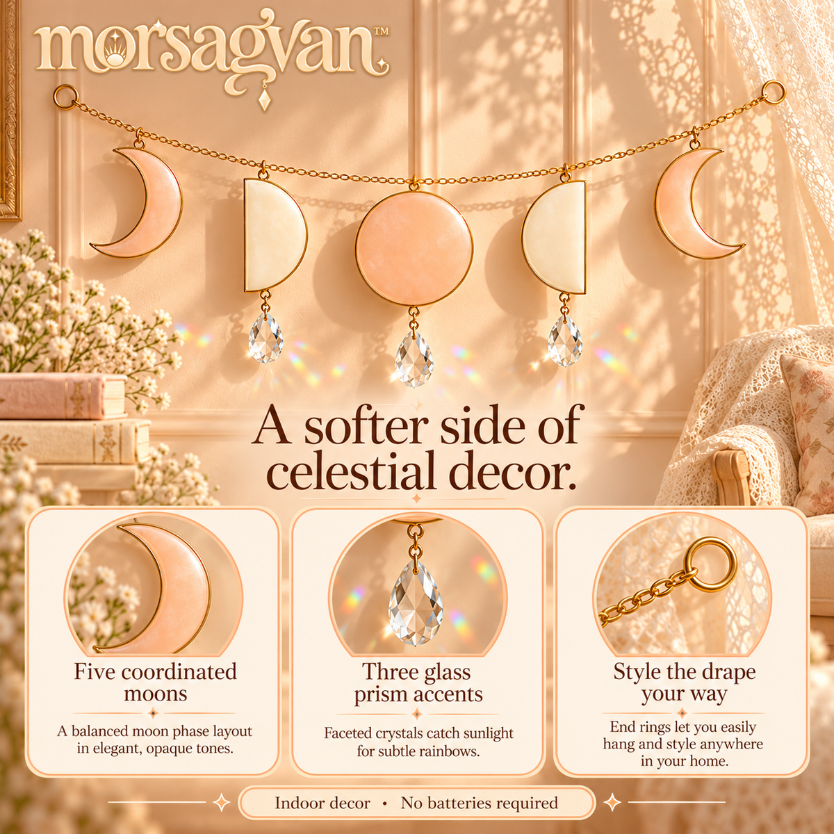 morsagvan™ LunarRibbon Moon Phase Wall Hanging — Five-Moon Celestial Garland with Prism Accents, 28 in. Wide