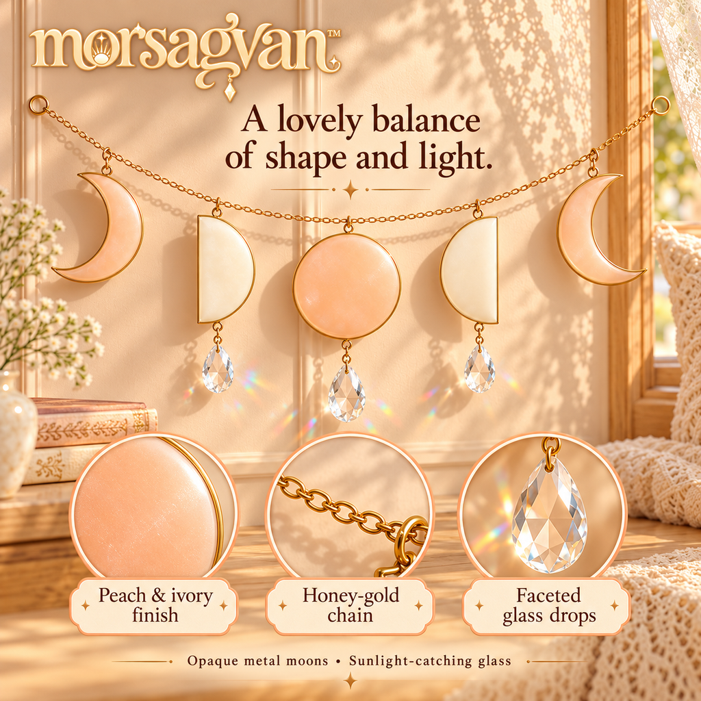 morsagvan™ LunarRibbon Moon Phase Wall Hanging — Five-Moon Celestial Garland with Prism Accents, 28 in. Wide