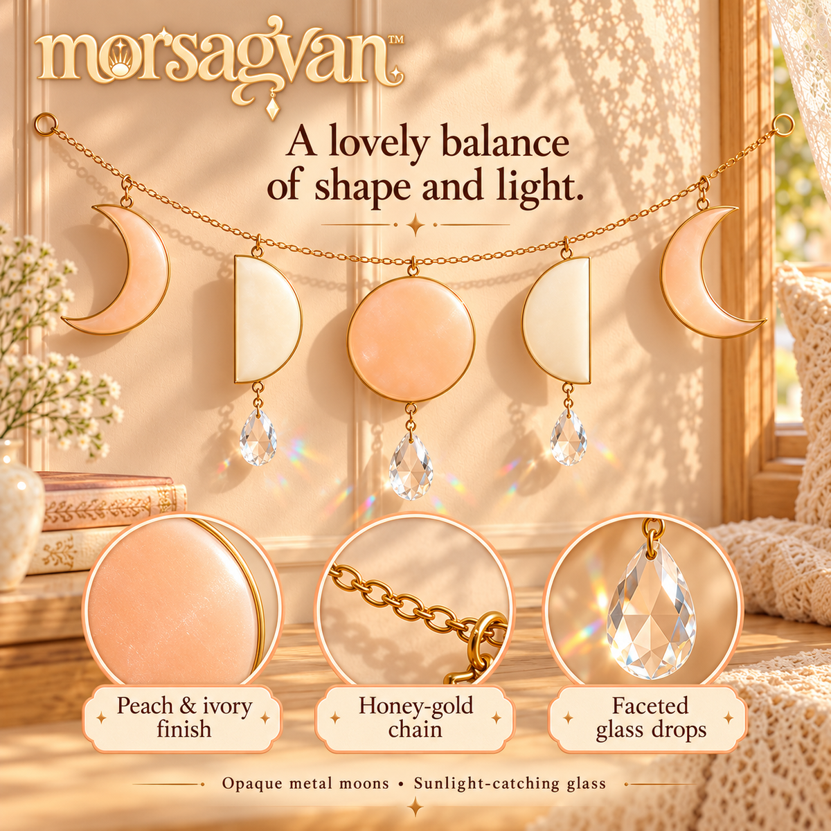 morsagvan™ LunarRibbon Moon Phase Wall Hanging — Five-Moon Celestial Garland with Prism Accents, 28 in. Wide