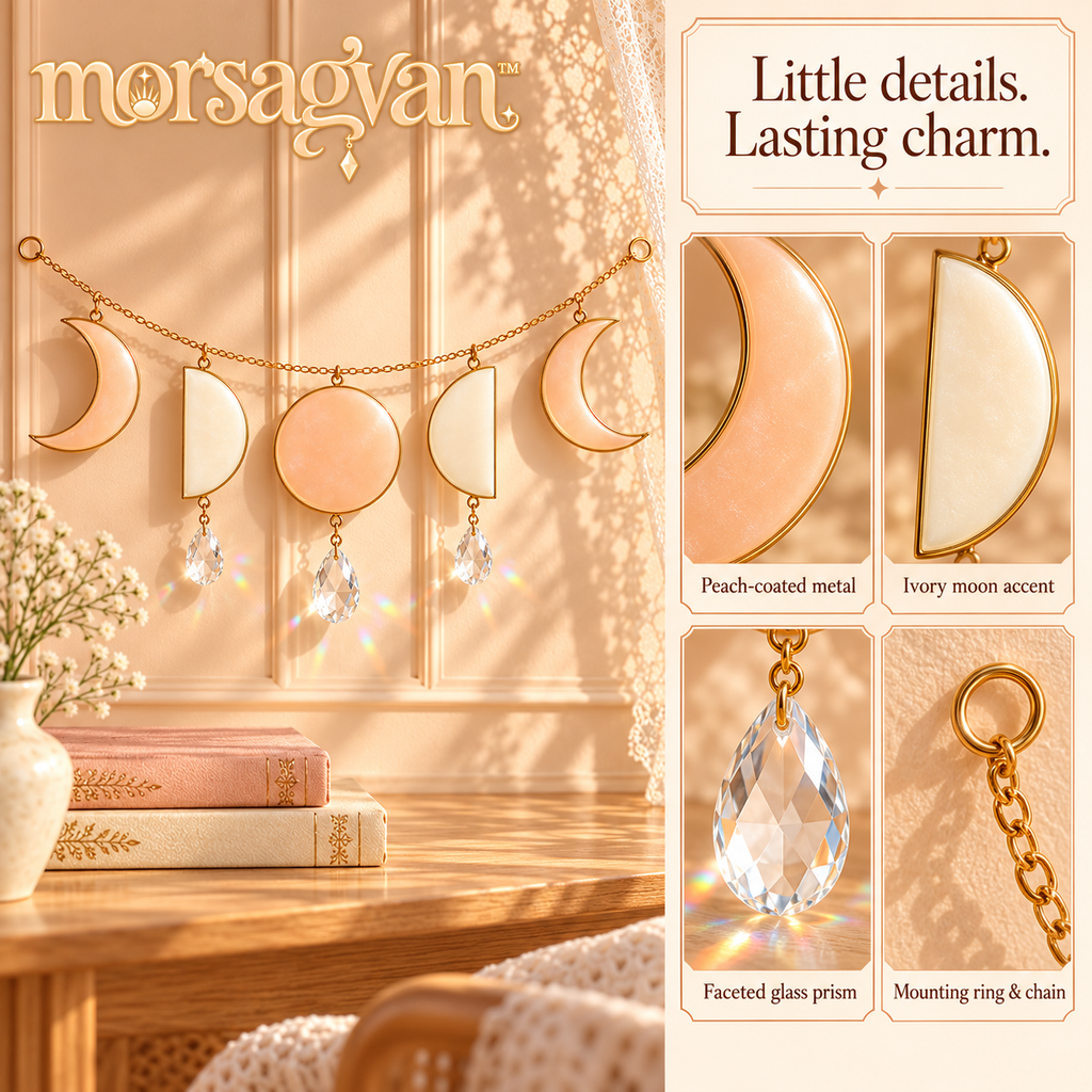 morsagvan™ LunarRibbon Moon Phase Wall Hanging — Five-Moon Celestial Garland with Prism Accents, 28 in. Wide