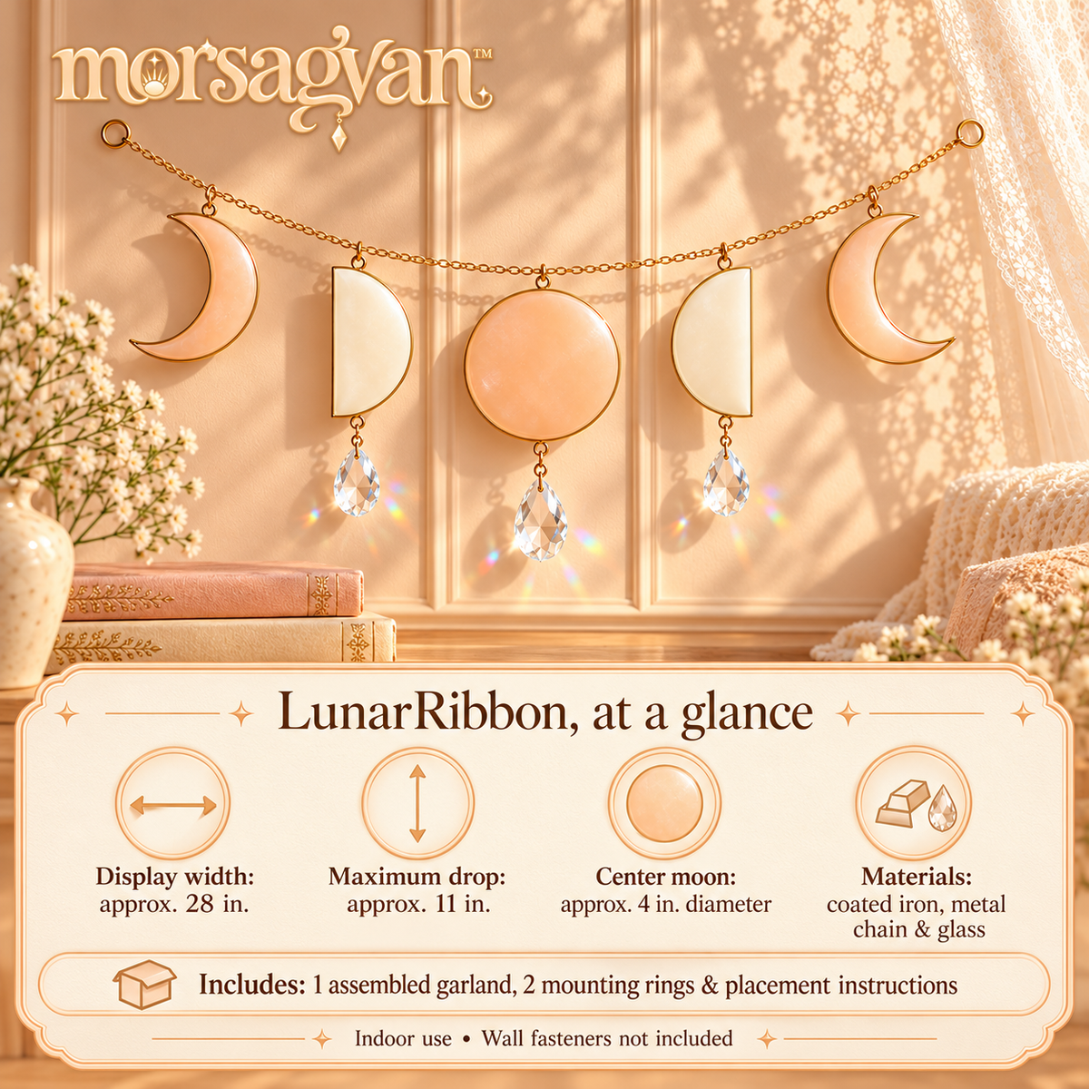 morsagvan™ LunarRibbon Moon Phase Wall Hanging — Five-Moon Celestial Garland with Prism Accents, 28 in. Wide