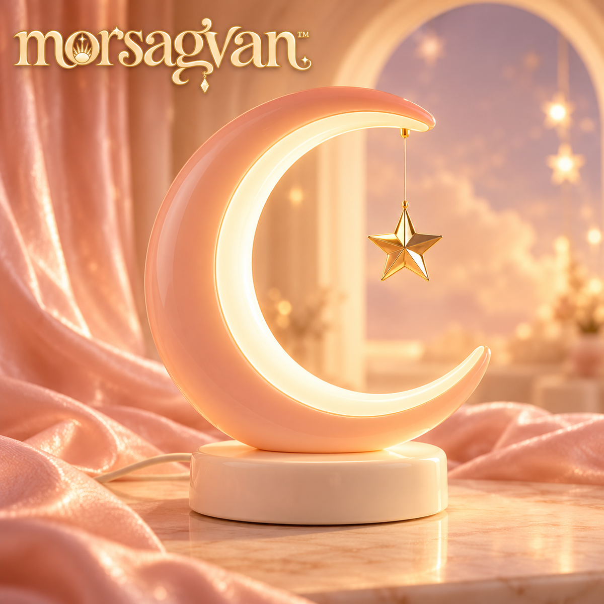 morsagvan™ OrbitGlow Crescent LED Accent Lamp — Warm White USB Table Light, Peach Moon and Floating-Star Design
