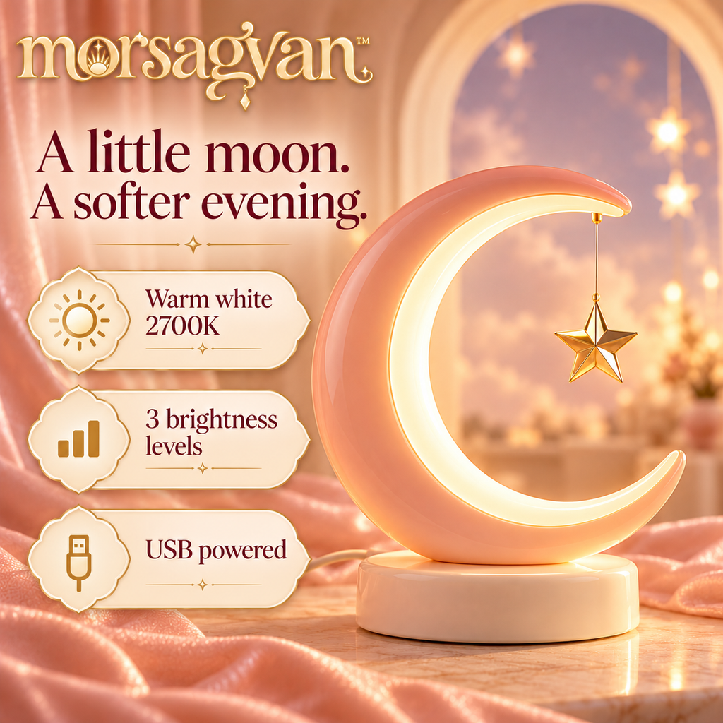 morsagvan™ OrbitGlow Crescent LED Accent Lamp — Warm White USB Table Light, Peach Moon and Floating-Star Design
