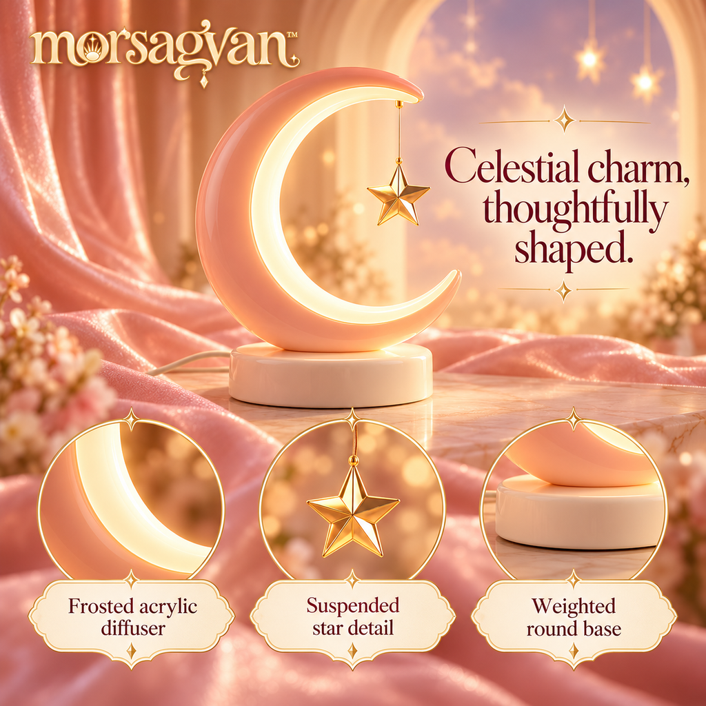 morsagvan™ OrbitGlow Crescent LED Accent Lamp — Warm White USB Table Light, Peach Moon and Floating-Star Design