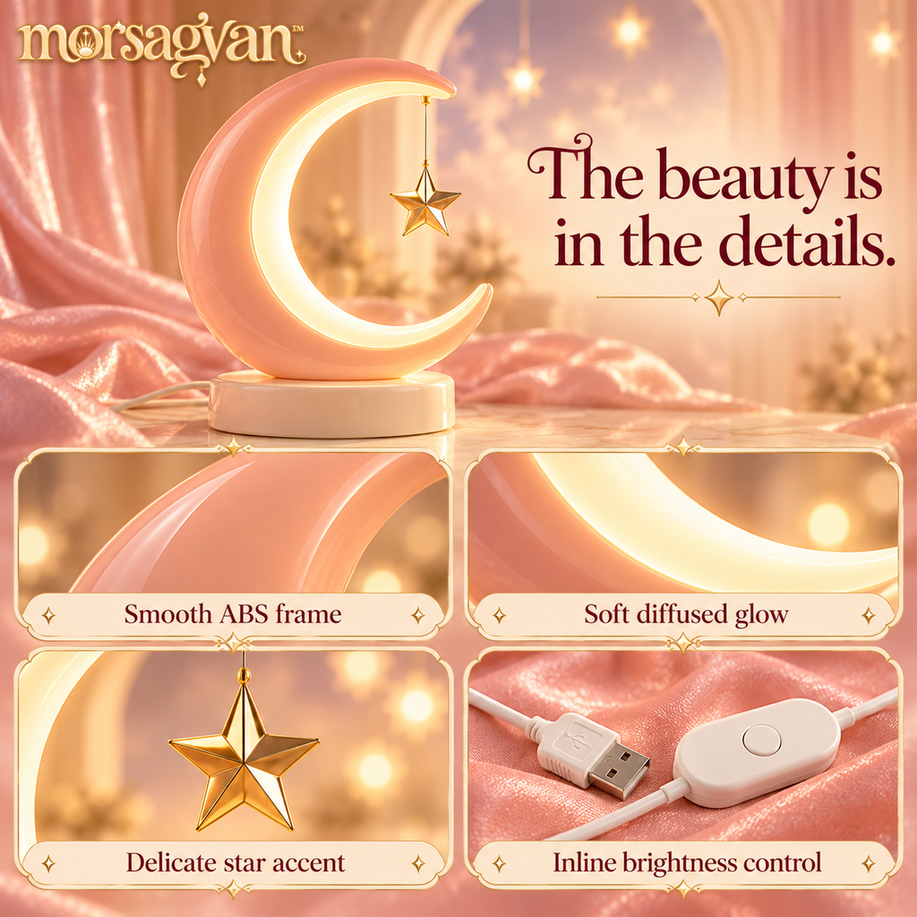 morsagvan™ OrbitGlow Crescent LED Accent Lamp — Warm White USB Table Light, Peach Moon and Floating-Star Design