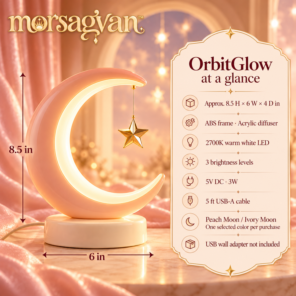 morsagvan™ OrbitGlow Crescent LED Accent Lamp — Warm White USB Table Light, Peach Moon and Floating-Star Design