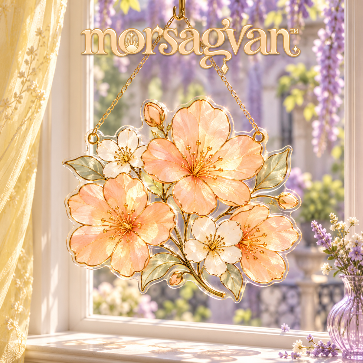 morsagvan™ ApricotBloom Floral Window Panel — Translucent Acrylic Suncatcher, Honey-Gold Flower Hanging, 7 in.