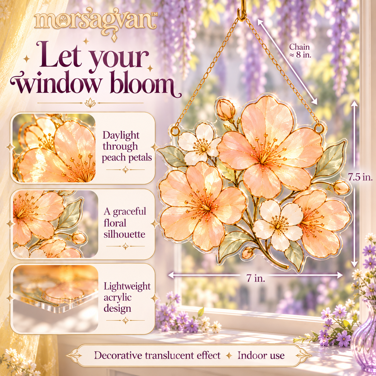 morsagvan™ ApricotBloom Floral Window Panel — Translucent Acrylic Suncatcher, Honey-Gold Flower Hanging, 7 in.