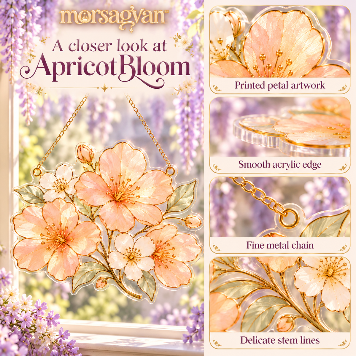 morsagvan™ ApricotBloom Floral Window Panel — Translucent Acrylic Suncatcher, Honey-Gold Flower Hanging, 7 in.