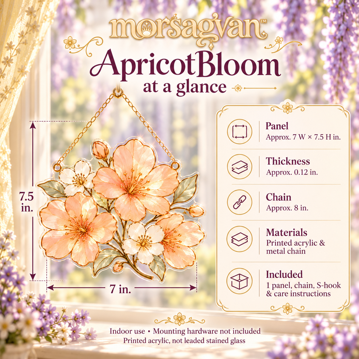 morsagvan™ ApricotBloom Floral Window Panel — Translucent Acrylic Suncatcher, Honey-Gold Flower Hanging, 7 in.