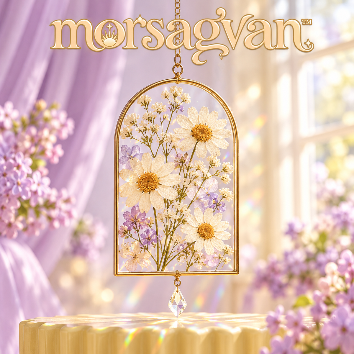 morsagvan™ PetalArchive Pressed Flower Suncatcher — Arched Glass Botanical Hanging with Mini Prism, Cottage-Inspired Window Decor