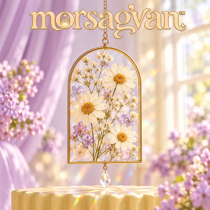 morsagvan™ PetalArchive Pressed Flower Suncatcher — Arched Glass Botanical Hanging with Mini Prism, Cottage-Inspired Window Decor